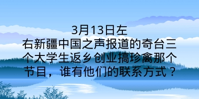 3月13日左右新疆中国之声报道的奇台三个大学生返乡创业搞珍禽那个节目，谁有他们的联系方式？